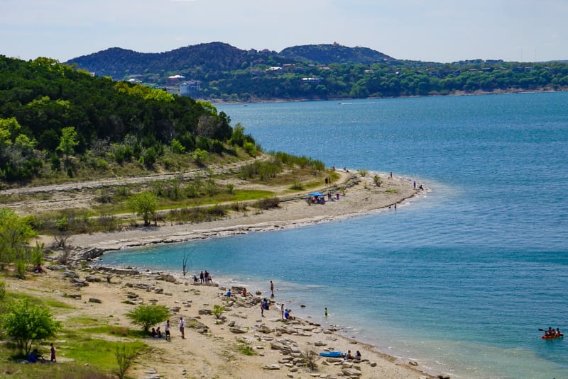 Canyon Lake's teal water and limestone shoreline